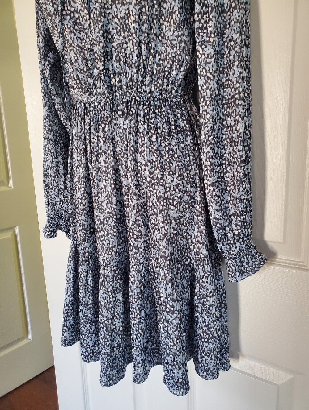 Bohemian Split Neck Tiered Mini Dress Floral Blue Ruffled Satin Preppy Fairy XS - Picture 4 of 11